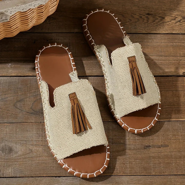 Momount dámské ploché sandály komfortní nazouvací ležérní letní polstrované lehké s otevřenou špičkou v boho stylu s třásněmi