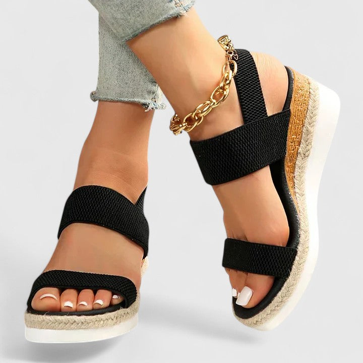 Momount dámské espadrilky na klínu – elastický pásek, jutová platforma, otevřená špička