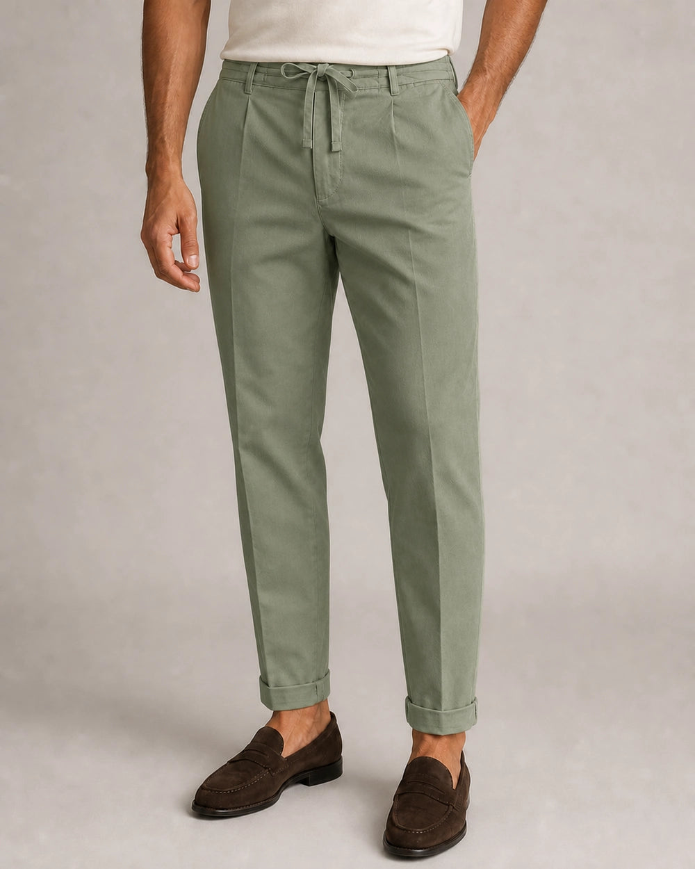 Men's green relaxed elastic-waist summer pants, front variant view.