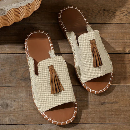 Momount dámské ploché sandály komfortní nazouvací ležérní letní polstrované lehké s otevřenou špičkou v boho stylu s třásněmi