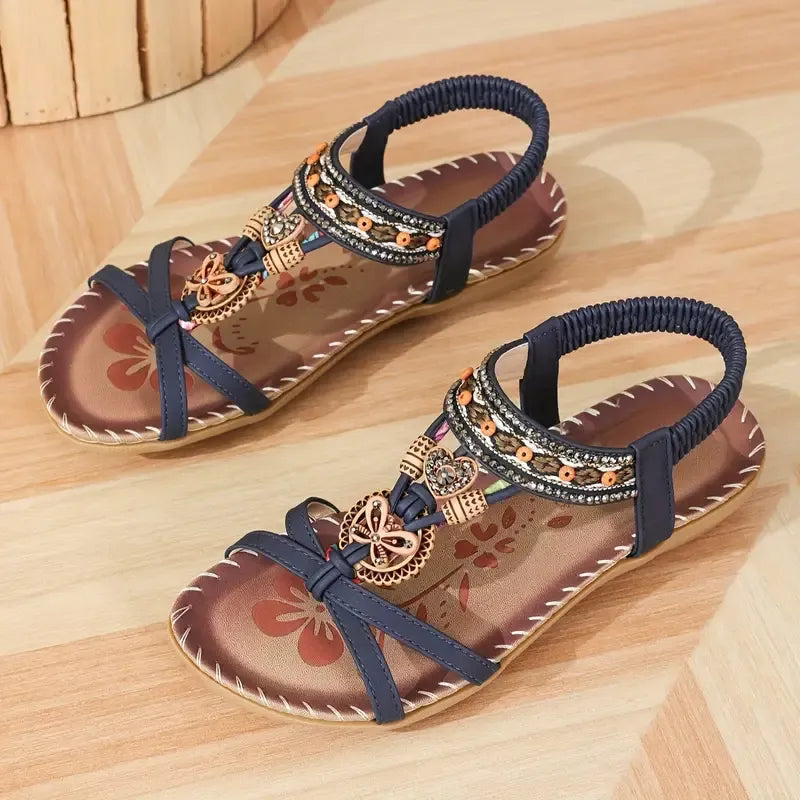 Momount dámské slingback sandály – teal boho, korálky, štras, ploché