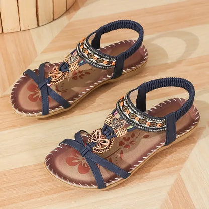 Momount dámské slingback sandály – teal boho, korálky, štras, ploché
