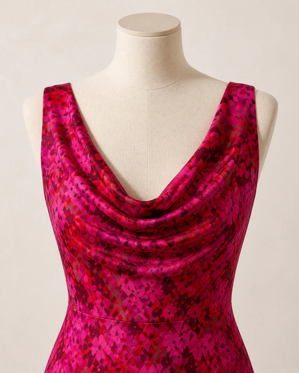 Women's pink floral sleeveless cowl-neck bias-cut maxi dress, cowl neckline and fabric detail.