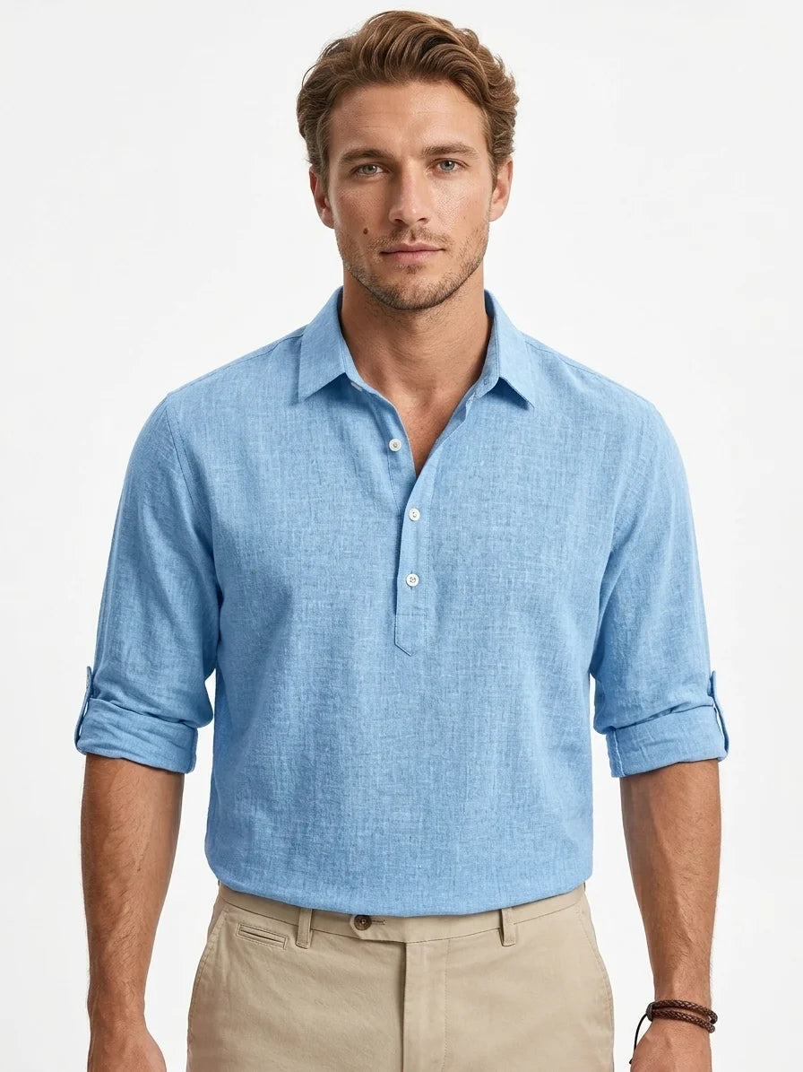 Momount Men Linen Shirt – Long Sleeve Popover Button Placket Casual - Sky Blue - front