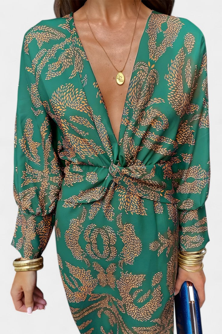 Momount dámské přiléhavé midi šaty – dlouhý rukáv, twist, elegantní