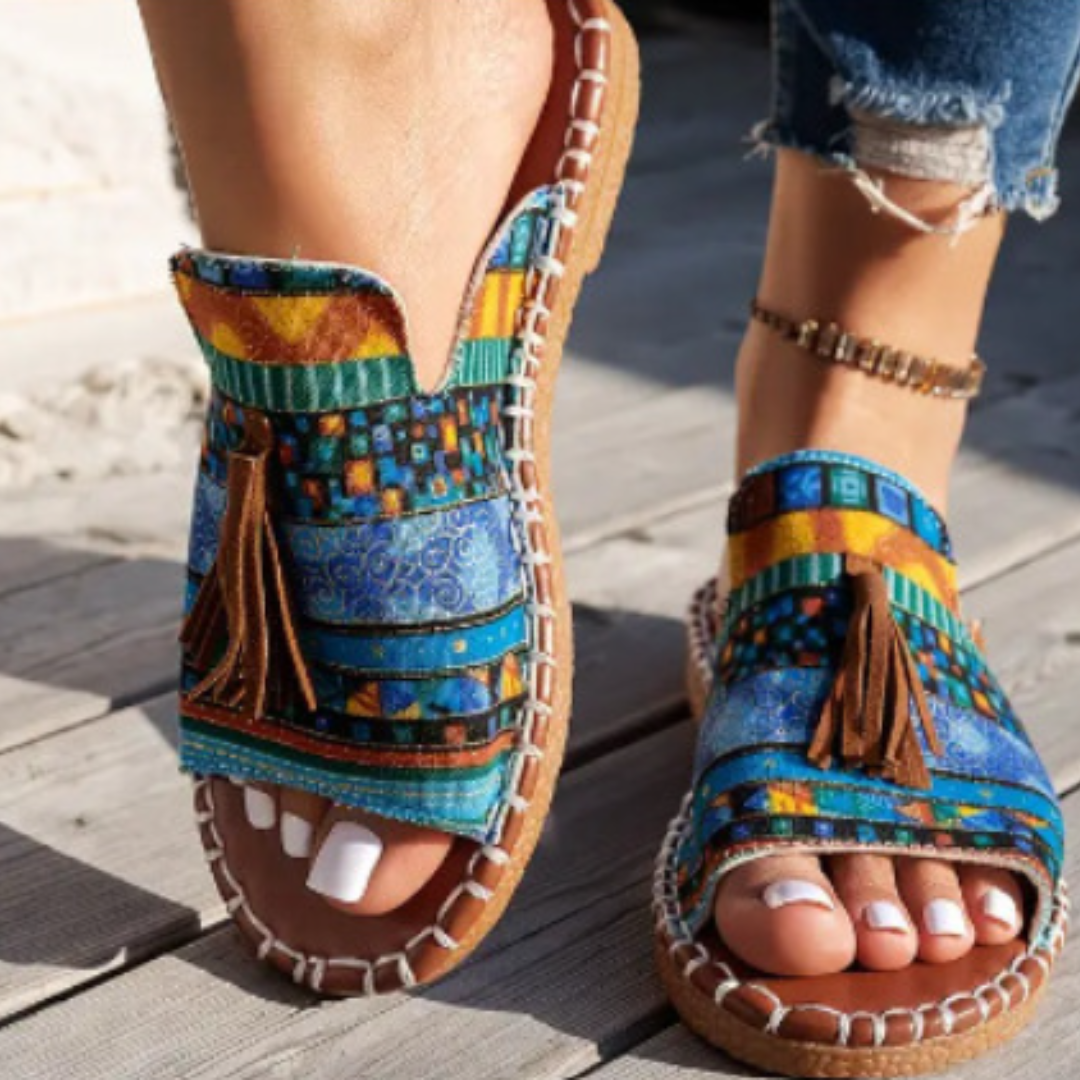 Momount dámské ploché sandály komfortní nazouvací ležérní letní polstrované lehké s otevřenou špičkou v boho stylu s třásněmi