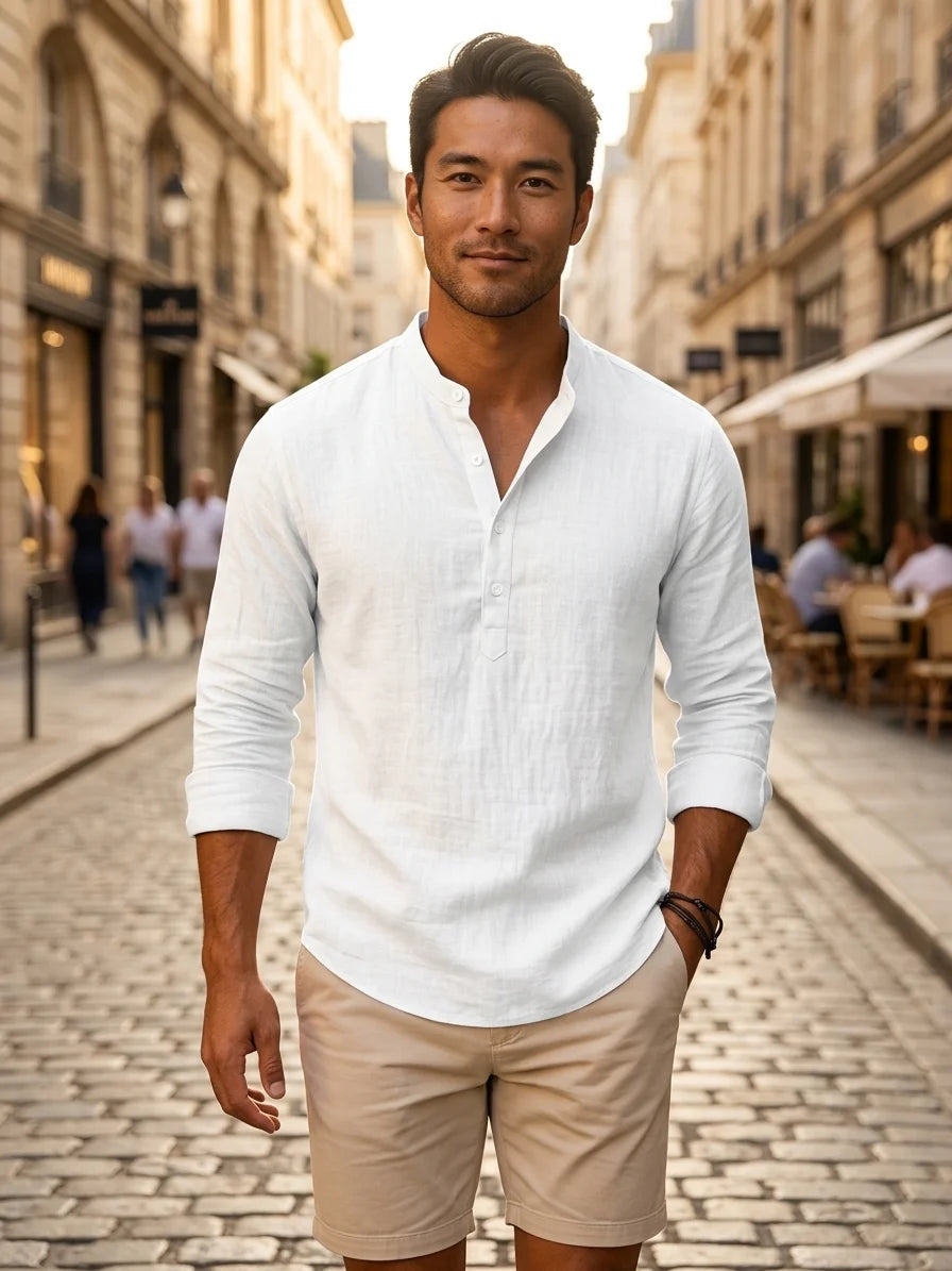Momount Men Linen Henley Shirt – Long Sleeve Band Collar Breathable Casual - White - lifestyle_street