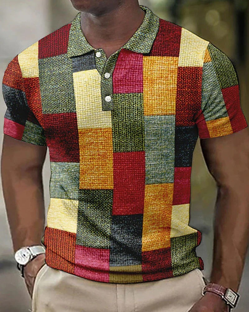 Momount pánská kostkovaná polo košile – patchwork, krátký rukáv, ležérní