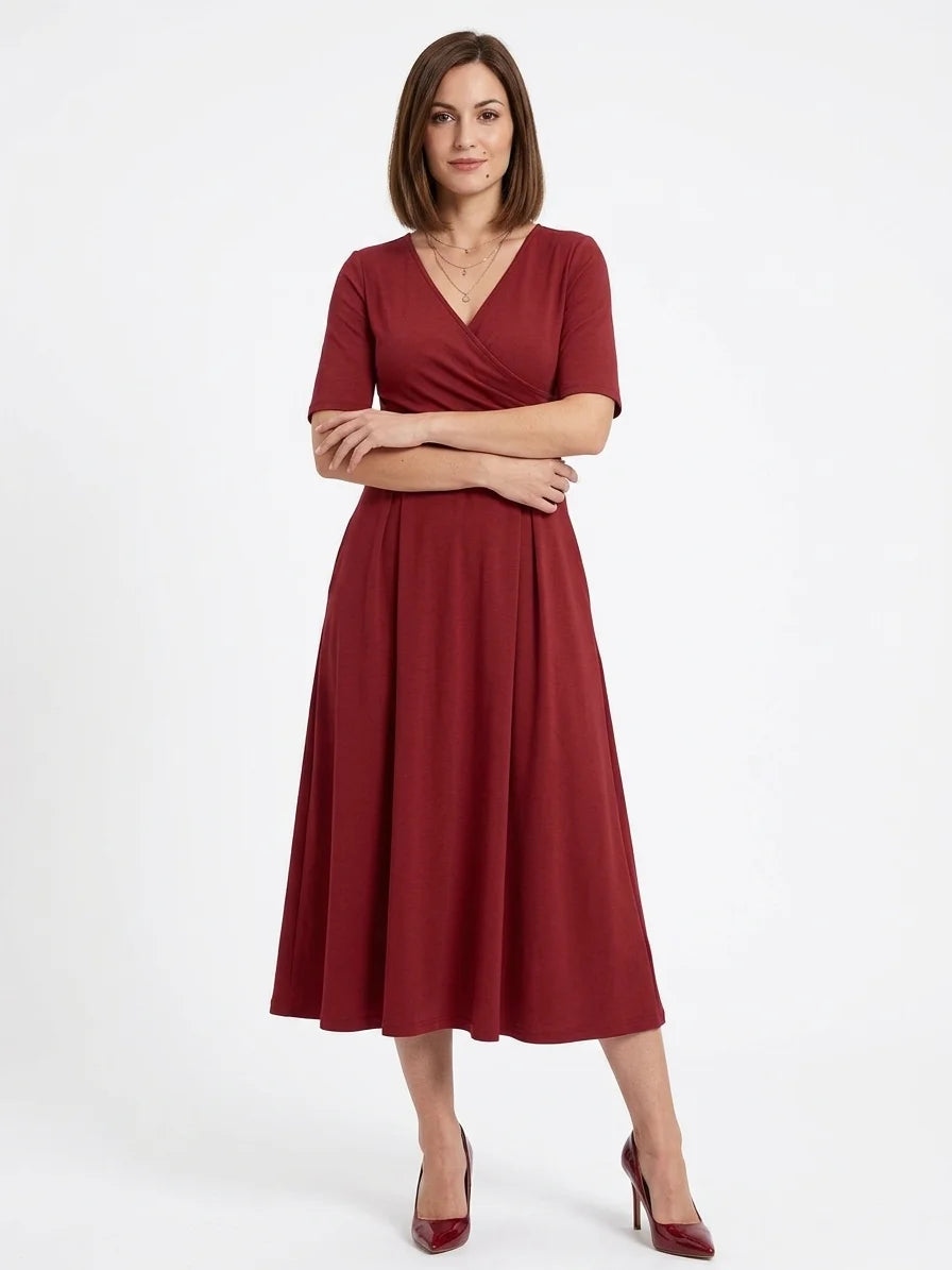 Nadia Wrap Summer Midi Dress | Casual, Refined, Classic - Red - front