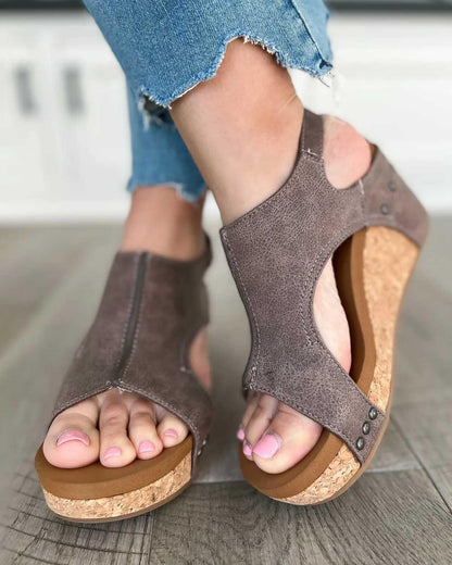 Momount dámské sandály na klínku – patinovaná kůže, korková platforma, slingback