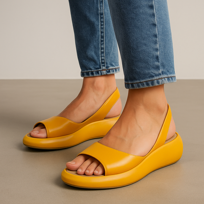 Momount dámské sandály na klínku – oranžová kůže, slingback, platforma, otevřená špička