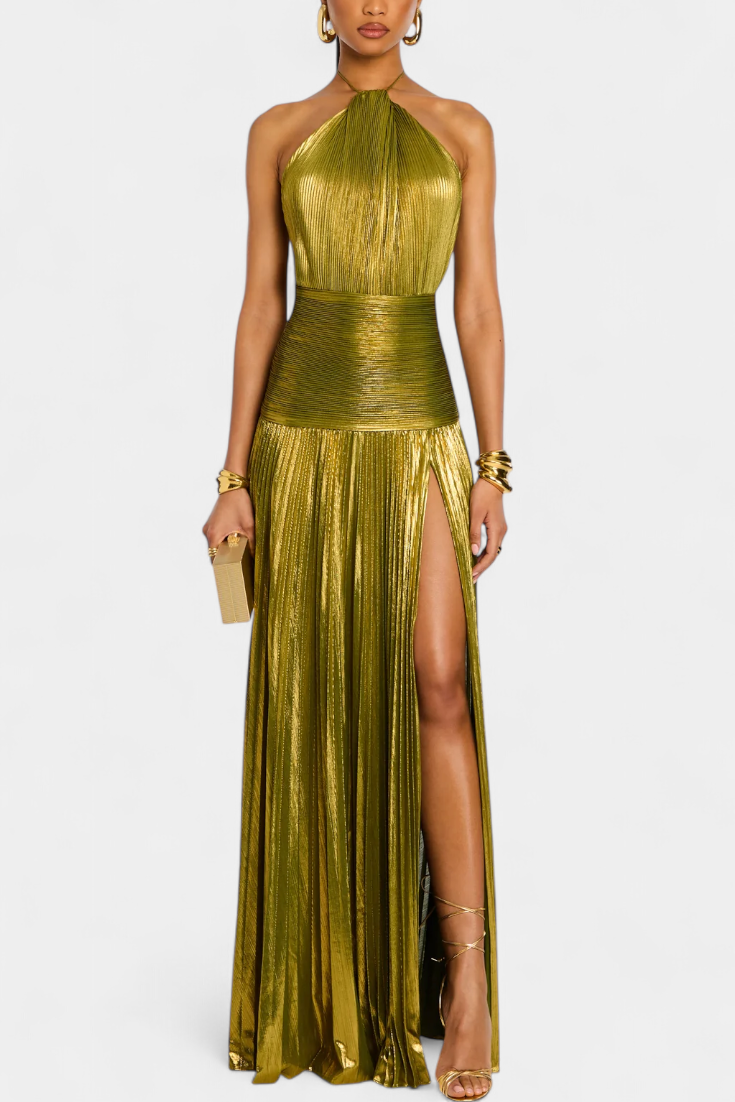 Evangelia | Elegantní metalické plisované letní maxi šaty s halter výstřihem