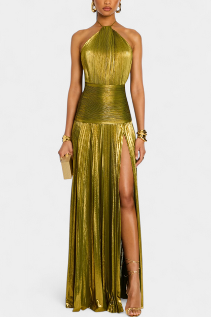 Evangelia | Elegantní metalické plisované letní maxi šaty s halter výstřihem