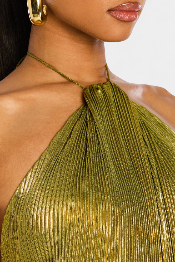 Evangelia | Elegantní metalické plisované letní maxi šaty s halter výstřihem