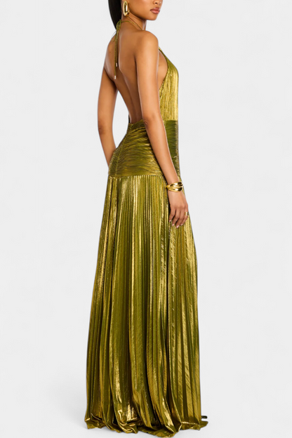 Evangelia | Elegantní metalické plisované letní maxi šaty s halter výstřihem