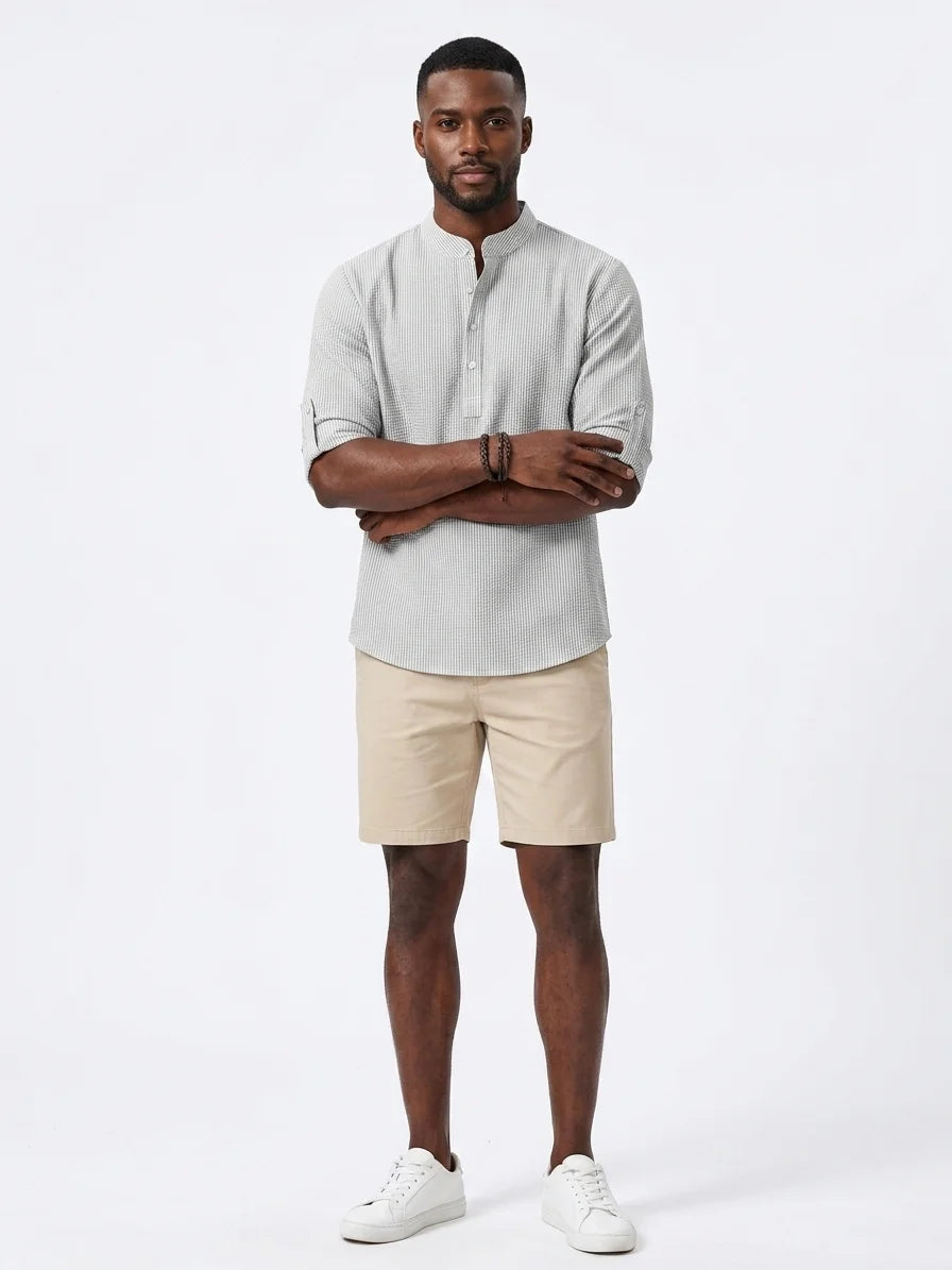 Momount Men Waffle Linen Shirt – Long Sleeve Band Collar Chest Pocket - Light Gray - front