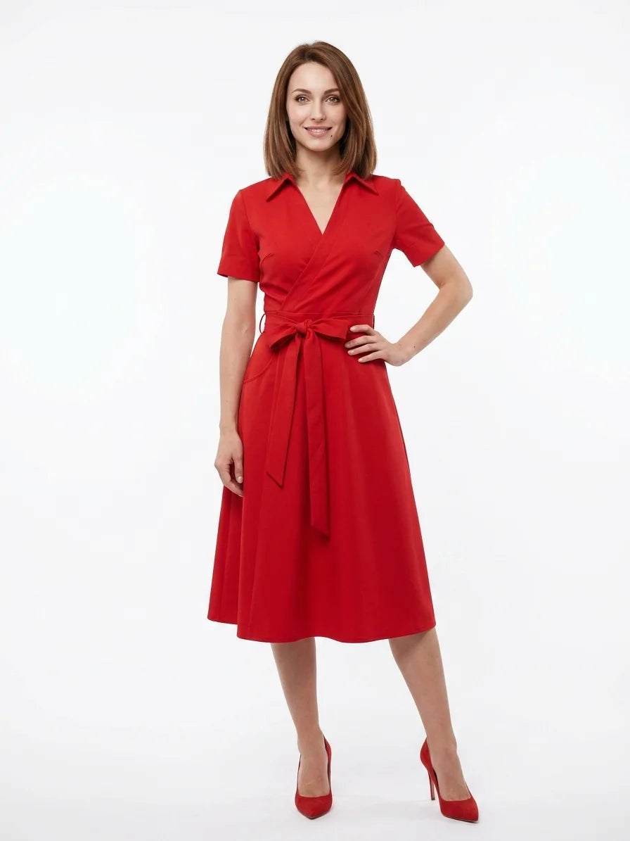 Ameliana | Elegant Off Shoulder Belted Summer Midi Dress - Red - front