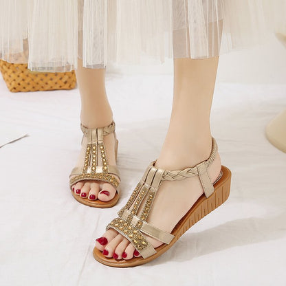 Momount dámské sandály na klínku – boho štras, splétaný T-strap, letní