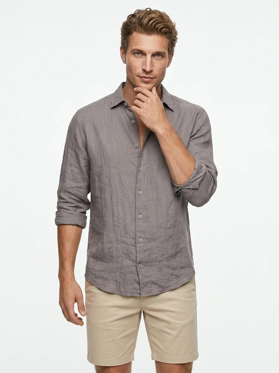 Momount Men Linen Shirt – Long Sleeve Button Up Relaxed Fit Beach - Gray - front