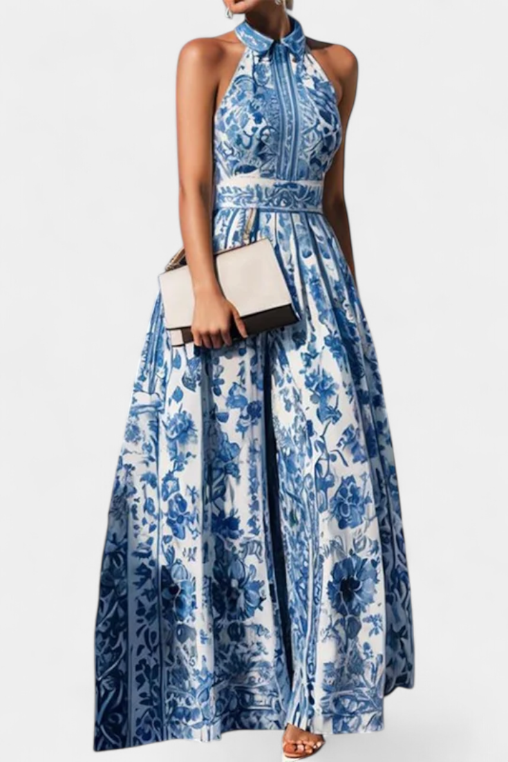 Momount dámské květinové maxi šaty – halter, bez rukávů, elegantní
