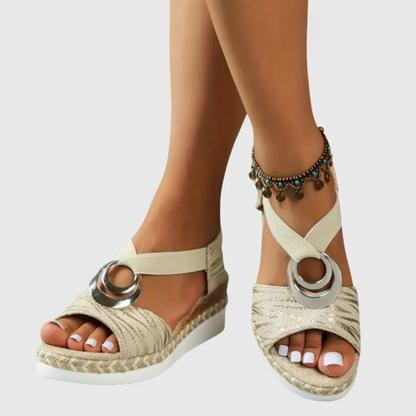 Momount dámské espadrilky na klínu – pudrově metalické, pásek kolem kotníku