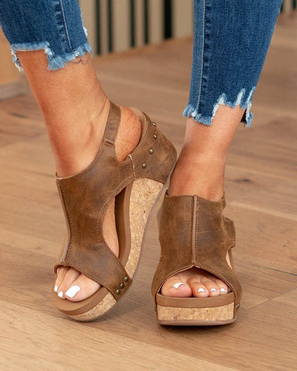 Momount dámské sandály na klínku – patinovaná kůže, korková platforma, slingback
