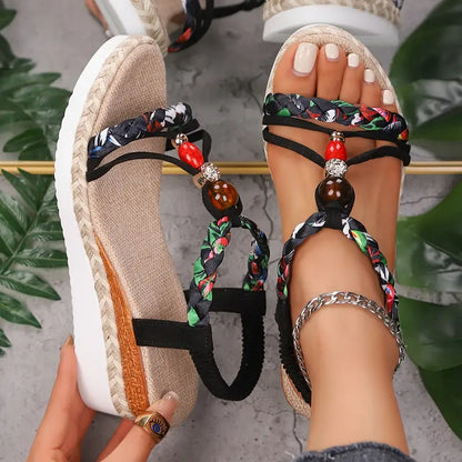 Momount dámské espadrilky na klínu – boho pletené s korálky a štrasem