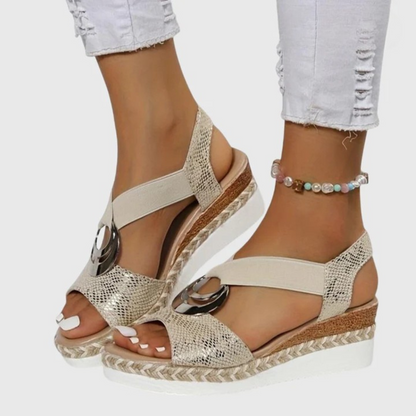Momount dámské espadrilky na klínu – pudrově metalické, pásek kolem kotníku