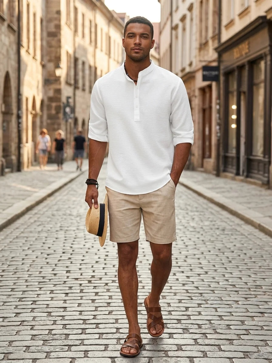 Momount Men Waffle Linen Shirt – Long Sleeve Band Collar Chest Pocket - White - lifestyle_street