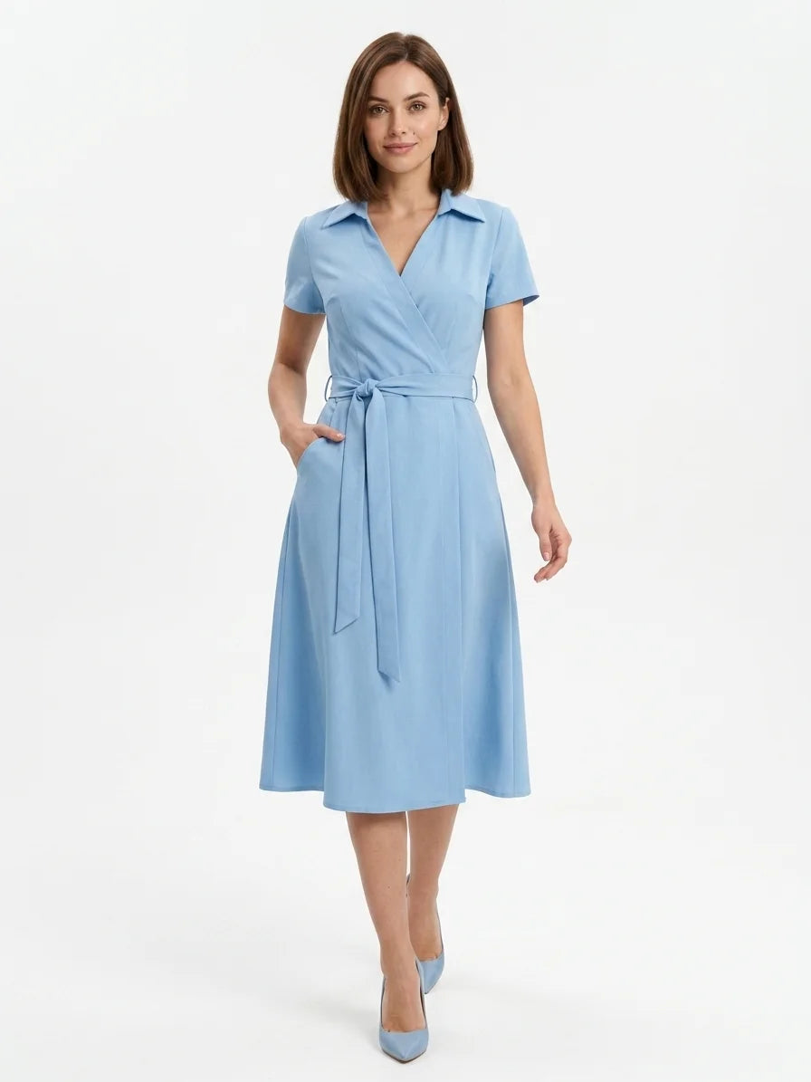 Ameliana | Elegant Off Shoulder Belted Summer Midi Dress - Light Blue - front