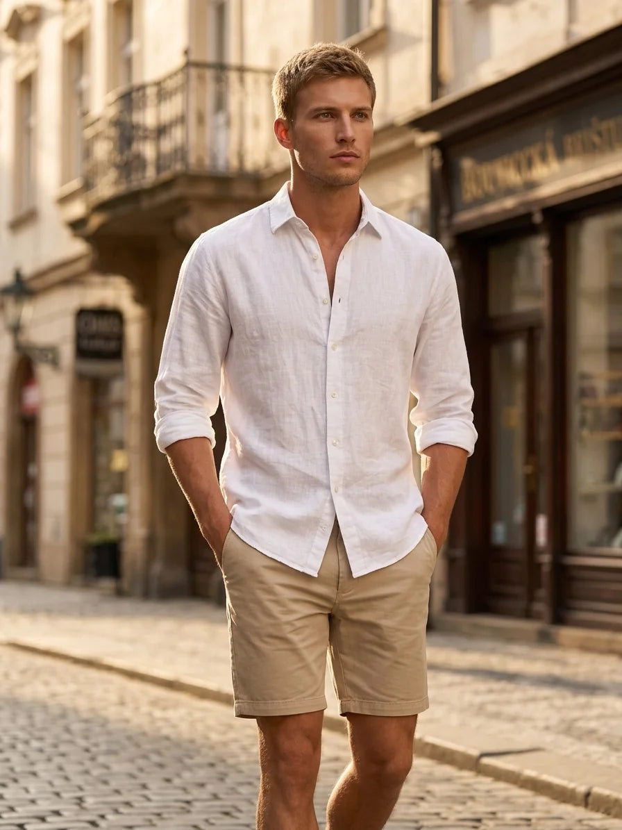Momount Men Linen Shirt – Long Sleeve Button Up Relaxed Fit Beach - White - lifestyle_street