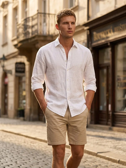 Momount Men Linen Shirt – Long Sleeve Button Up Relaxed Fit Beach - White - lifestyle_street