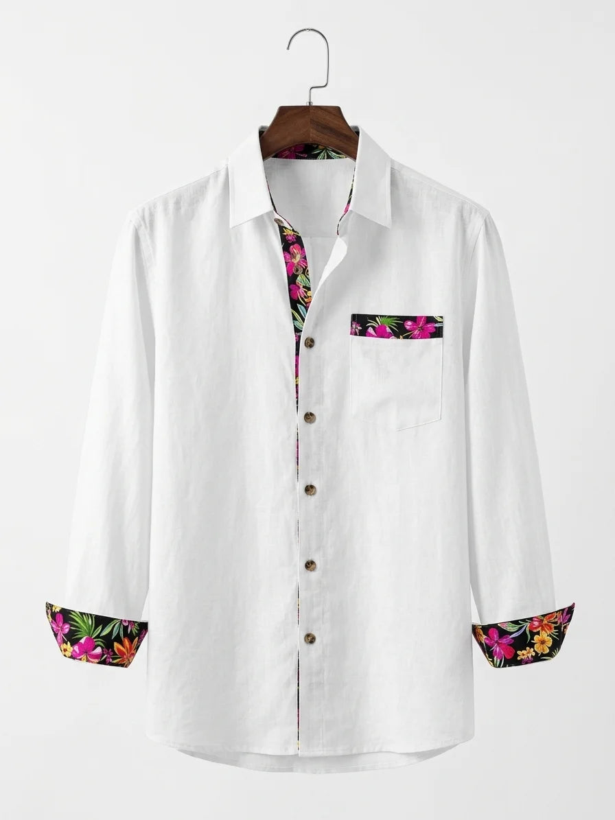 Momount Men Linen Shirt – Long Sleeve Floral Contrast Trim Hawaiian Casual - White - hanger