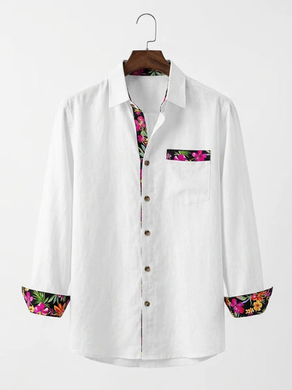 Momount Men Linen Shirt – Long Sleeve Floral Contrast Trim Hawaiian Casual - White - hanger