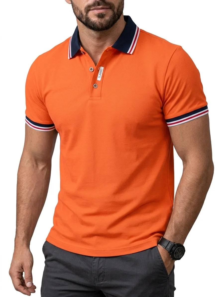 Momount Men Polo Shirt – Contrast Collar Striped Cuff Short Sleeve - Orange - closeup