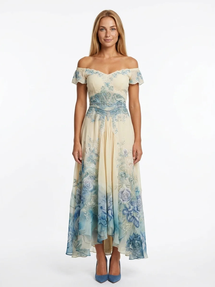 Aurora Gradient Maxi Dress | Mixed Print, V-Neck - Blue - front