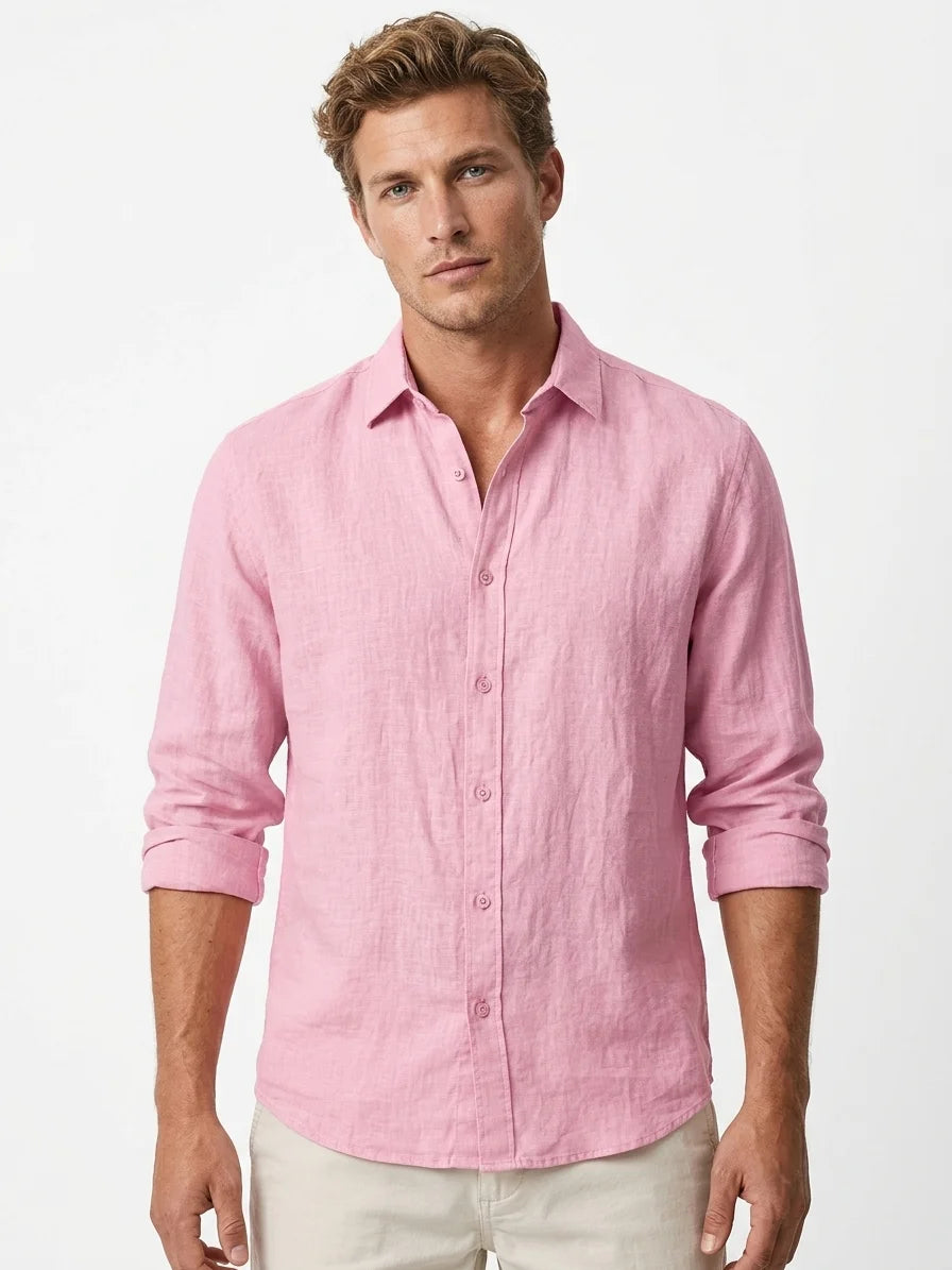 Momount Men Linen Shirt – Long Sleeve Button Up Relaxed Fit Beach - Pink - front