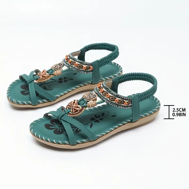 Momount dámské slingback sandály – teal boho, korálky, štras, ploché