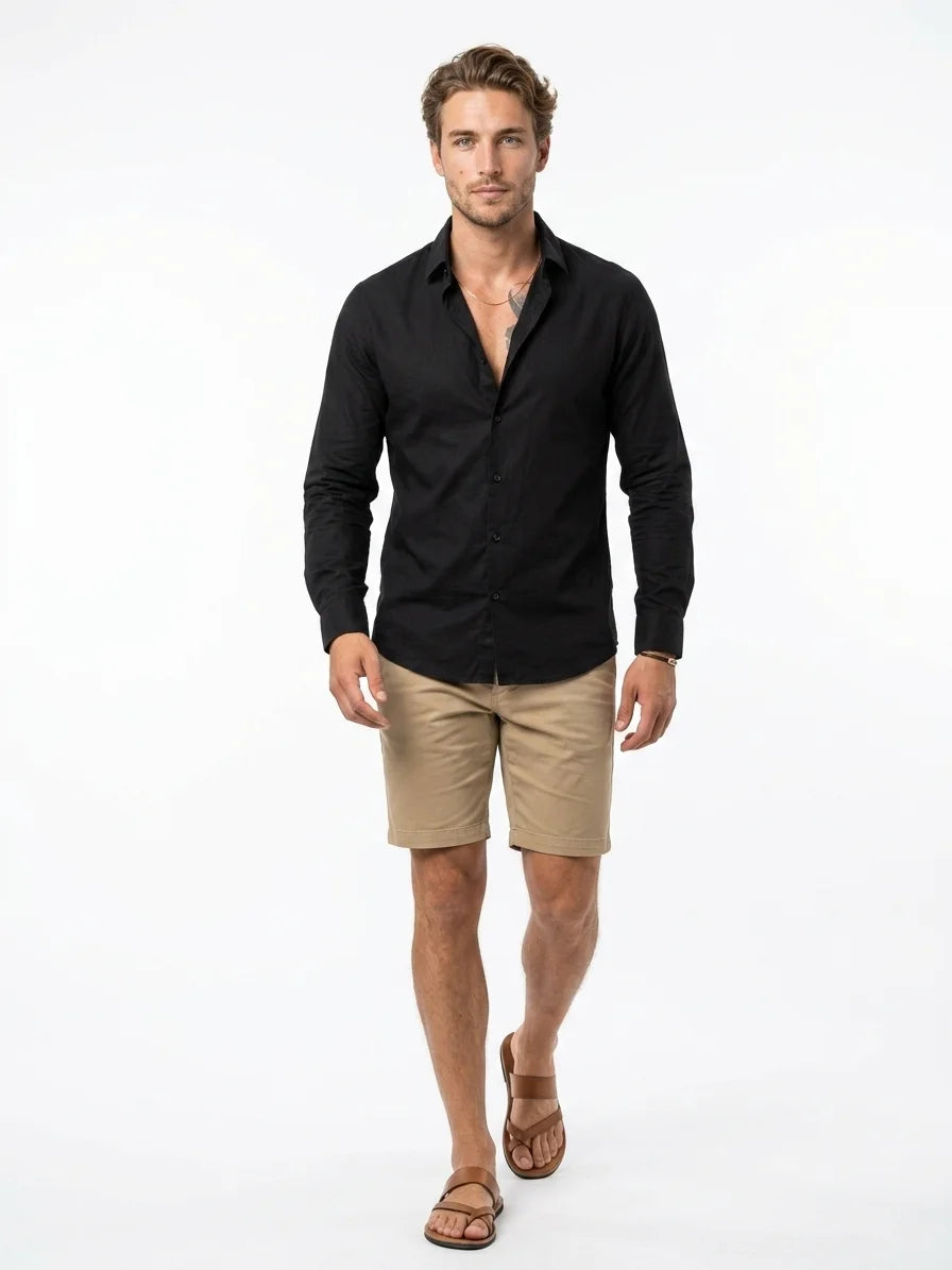 Momount Men Linen Shirt – Long Sleeve Slim Fit Button Up Casual - Black - front