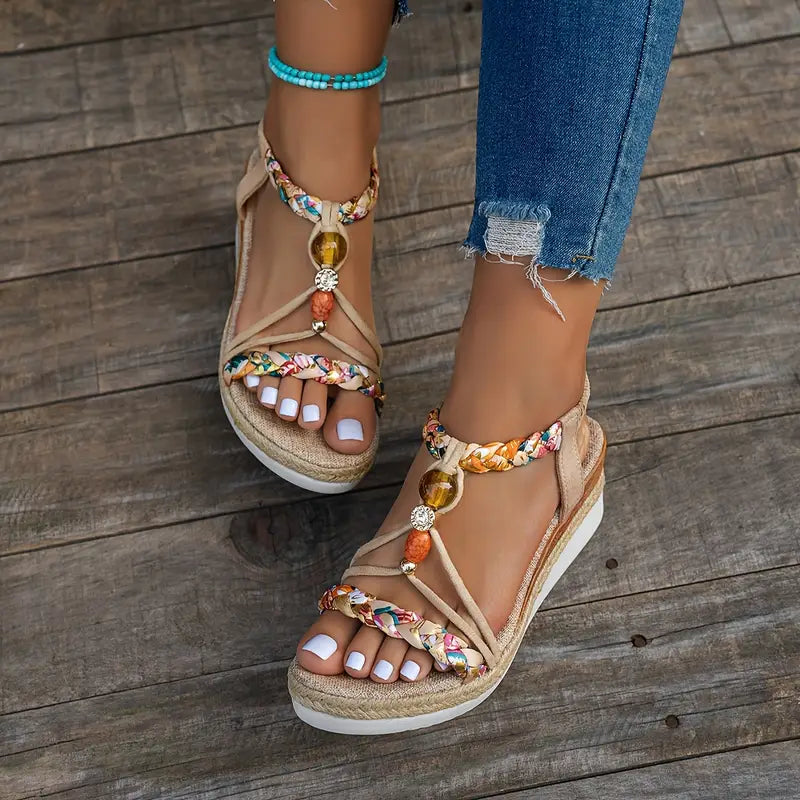 Momount dámské espadrilky na klínu – boho pletené s korálky a štrasem