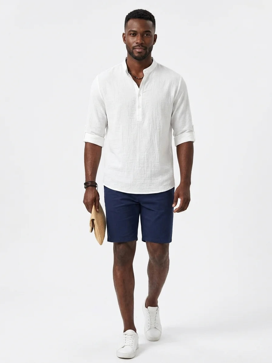Momount Men Waffle Linen Shirt – Long Sleeve Band Collar Chest Pocket - White - front