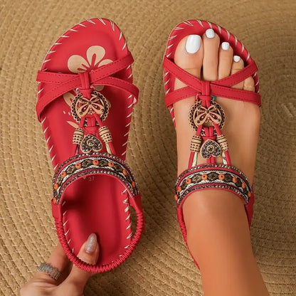 Momount dámské slingback sandály – teal boho, korálky, štras, ploché