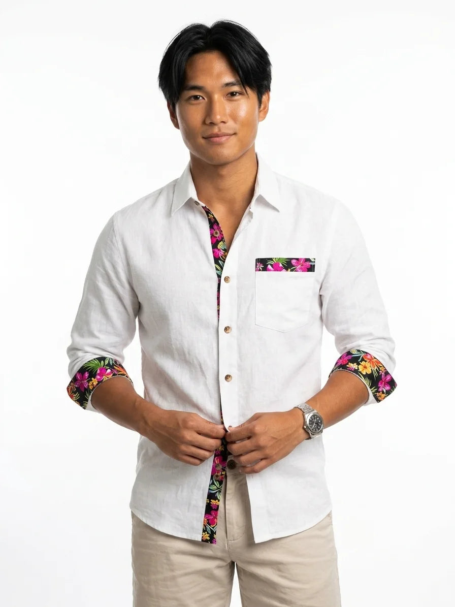 Momount Men Linen Shirt – Long Sleeve Floral Contrast Trim Hawaiian Casual - White - front