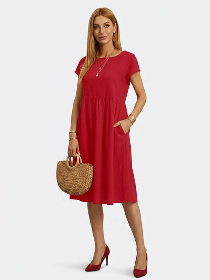 Amadea | Cotton Short Sleeve Tiered Summer Midi Dress - Red - 3/4