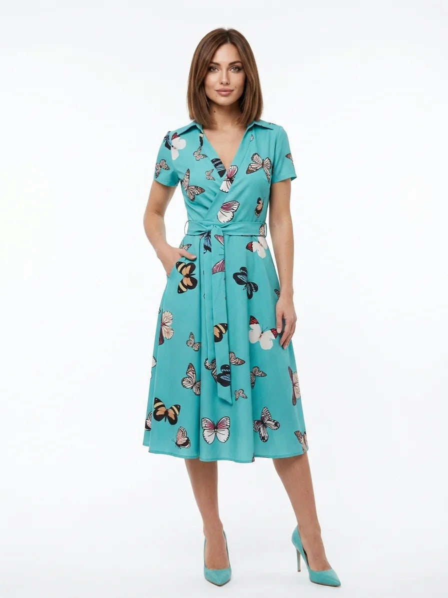 Ameliana | Elegant Off Shoulder Belted Summer Midi Dress - Turquoise - front