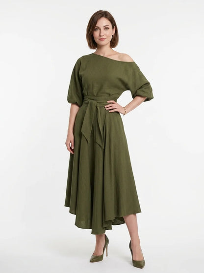 Ameliana | Elegant Off Shoulder Belted Summer Midi Dress - Green - front