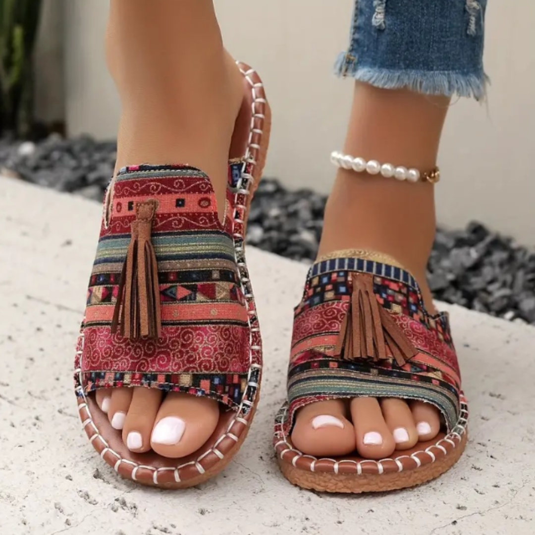 Momount dámské ploché sandály komfortní nazouvací ležérní letní polstrované lehké s otevřenou špičkou v boho stylu s třásněmi