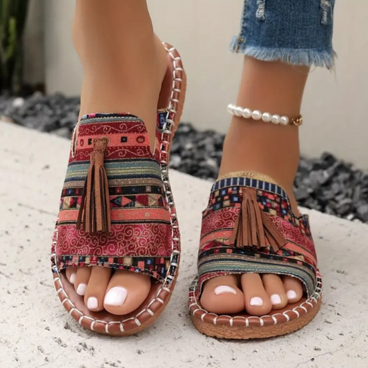 Momount dámské ploché sandály komfortní nazouvací ležérní letní polstrované lehké s otevřenou špičkou v boho stylu s třásněmi
