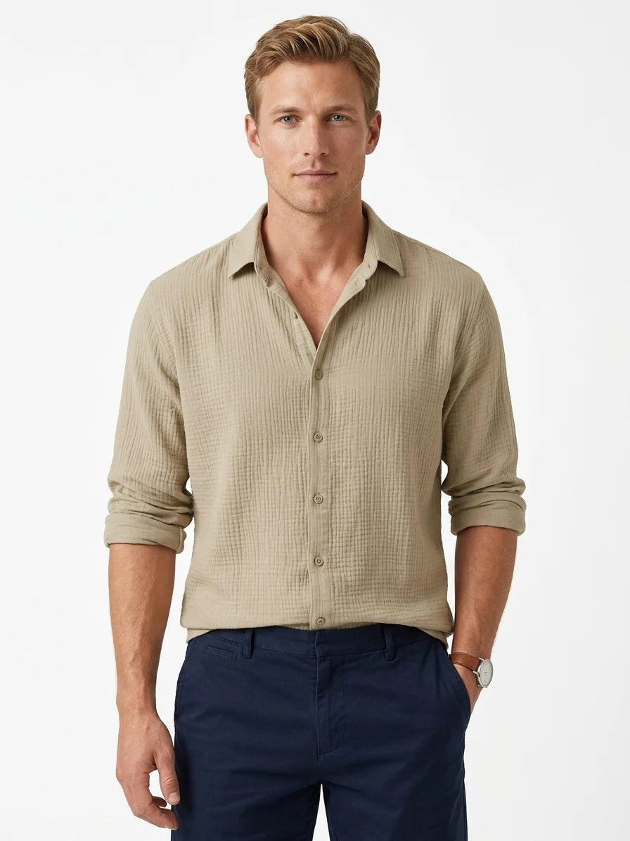 Momount Men Waffle Linen Shirt – Long Sleeve Button Up Textured Casual - Khaki - front