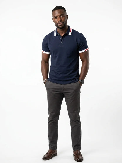 Momount Men Polo Shirt – Contrast Collar Striped Cuff Short Sleeve - Navy Blue - front